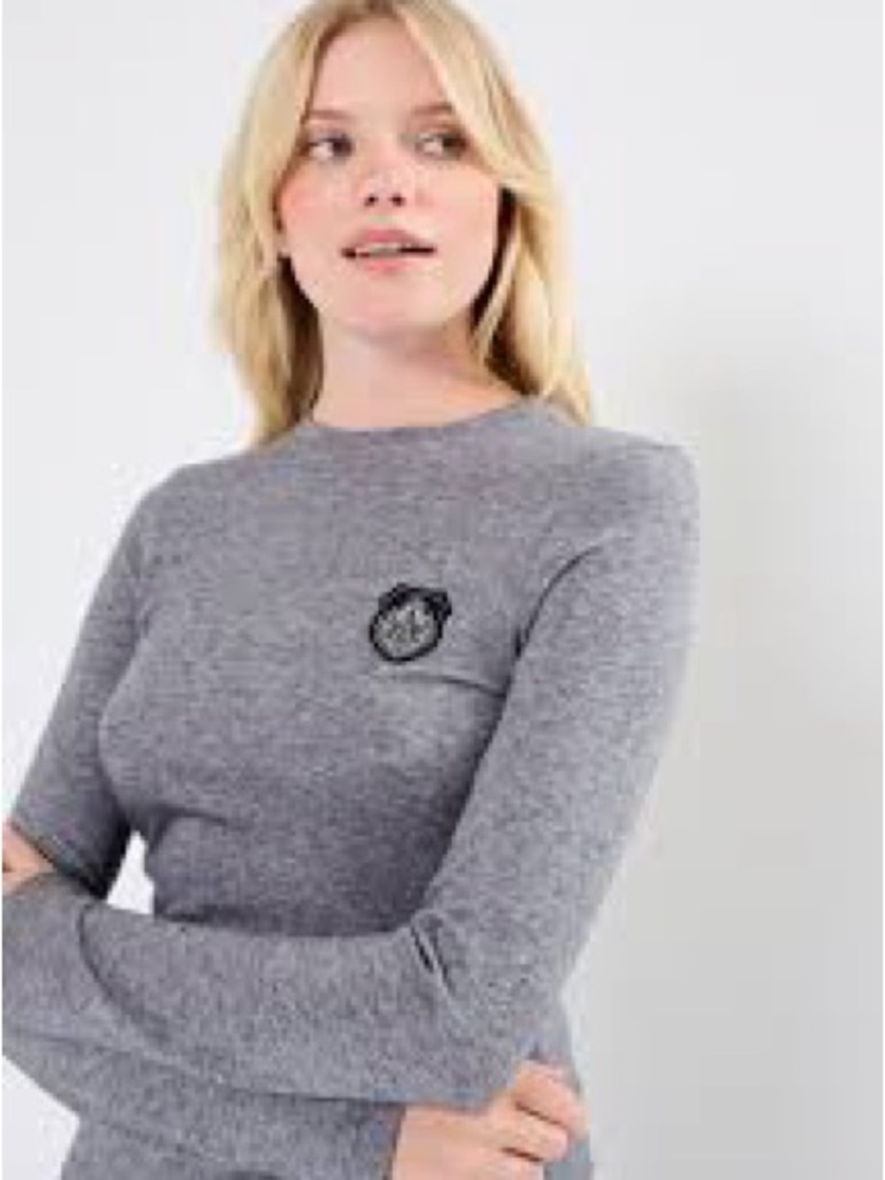 The Kooples Gray Long Sleeve Crewneck Top with Embroidered Crest S
